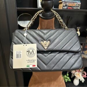 Valentino Orlandi Quilted Shoulder Bag – Black with Gold Hardware – Style V‑3009